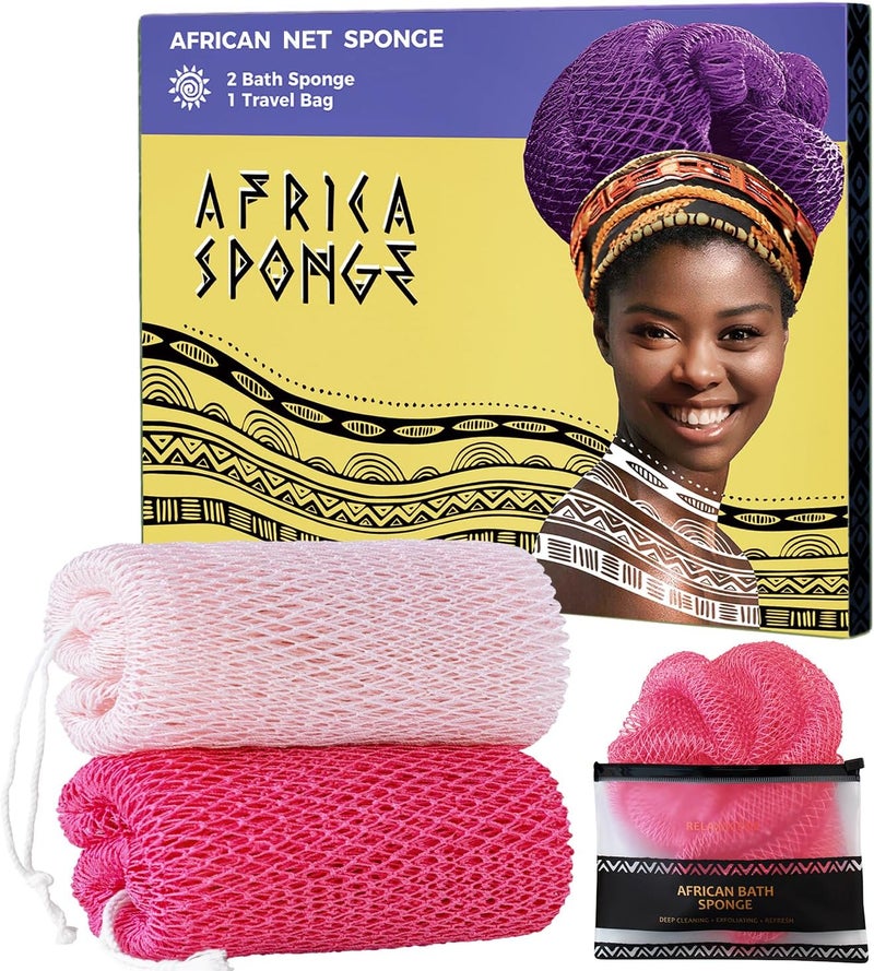 RelaxScene African Net Authentic - 2 Pieces Real African Exfoliating Sponge with Knots - African Net Wash Cloths for Body Scrubber Exfoliator Pink & BabyPink- Back Scrub for Shower Bath Accessories - Image 1